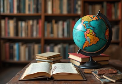 Exploring geography with books and a globe on a desk