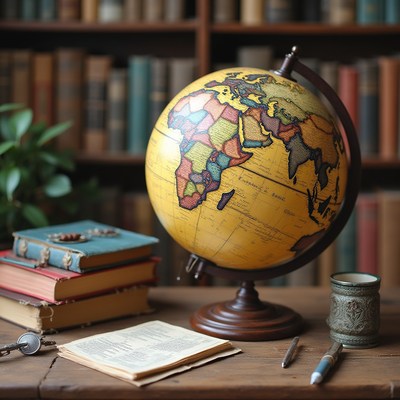 Globe on a wooden desk with books and writing tools
