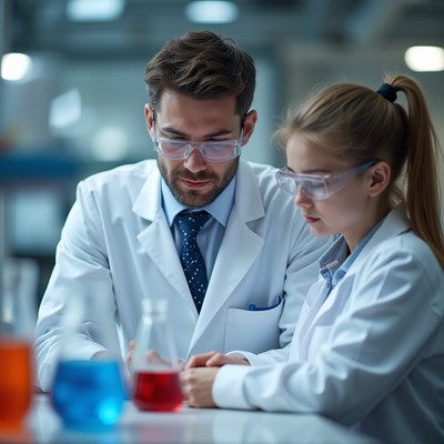 Chemistry experiment with teacher and student in laboratory