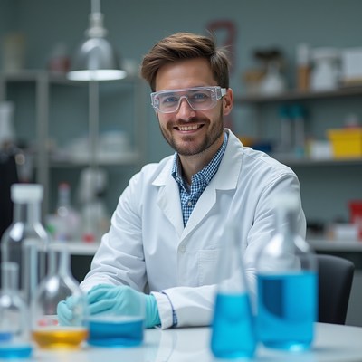 Smiling chemist in lab with colorful liquids