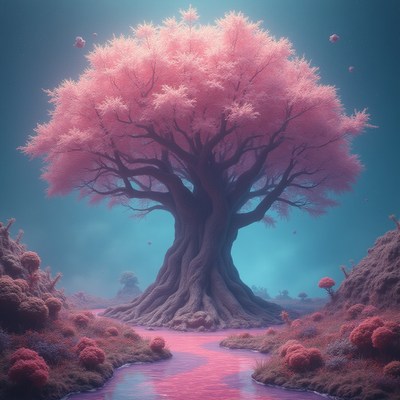 Beautiful pink tree beside a tranquil river at dusk