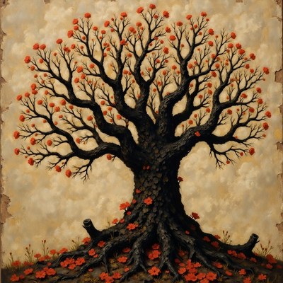 Colorful tree with flowers against textured background