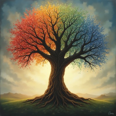 Colorful tree with seasonal leaves in serene landscape