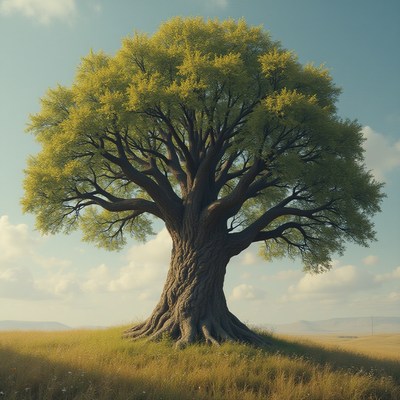 Majestic tree stands alone in a serene landscape