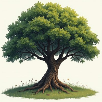 Majestic oak tree with lush green foliage in serene setting