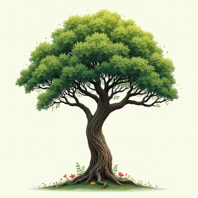 Lush green tree with vibrant flowers in a serene setting