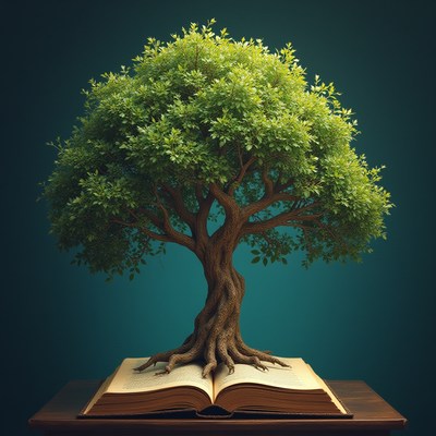 Tree growing from a book represents knowledge and nature