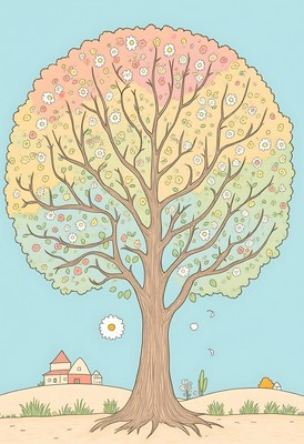 Vibrant tree in bloom by a quaint village