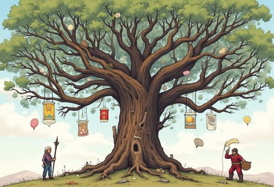 Fantasy scene under a large tree with characters