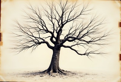 Barren tree stands tall in empty landscape