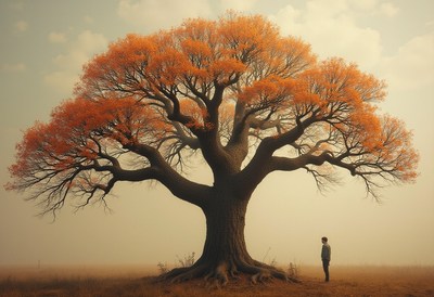 Majestic autumn tree stands against a tranquil backdrop