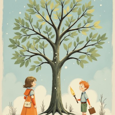 Kids marvel at a tree with golden leaves