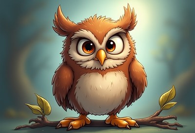 Charming brown owl stands on a branch in a forest