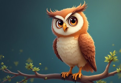 Charming cartoon owl perched on a tree branch