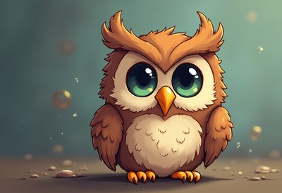 Cute cartoon owl with big eyes in a whimsical setting