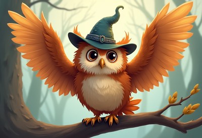 Owl in a wizard hat perched on a branch in the forest