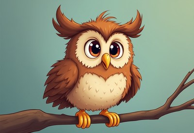 Cute cartoon owl perched on a branch in warm colors