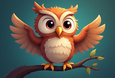 Cute cartoon owl perched on a branch with wings spread
