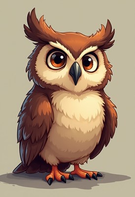 Cute brown owl character with big eyes and fluffy feathers