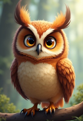 Cute owl perched on a branch in a forest setting