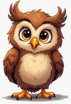 Cute cartoon owl with big eyes and fluffy feathers