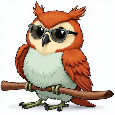 Owl wearing sunglasses perched on a branch