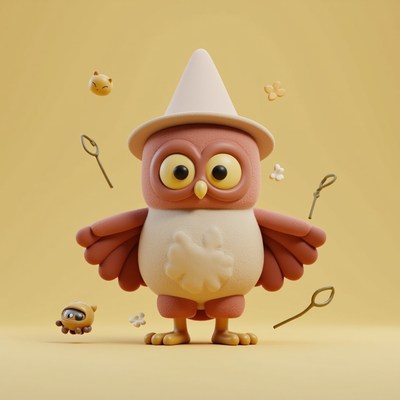 Playful owl character with bright accessories