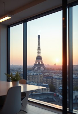Sunset view of the eiffel tower from an office window