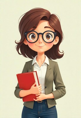 Smiling woman with glasses holding a red book