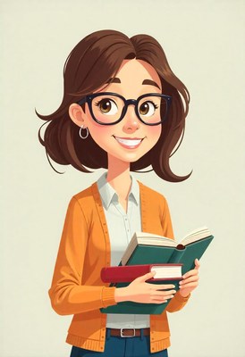 Cheerful woman reading books in casual attire