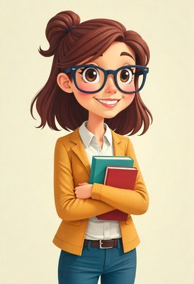 Smiling girl with glasses holding books in a joyful pose