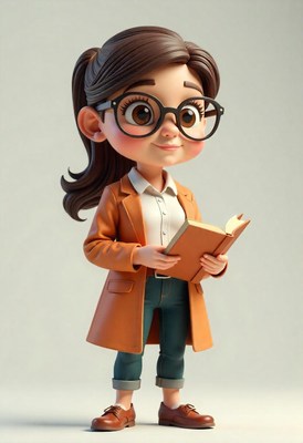Animated character reading in cozy attire