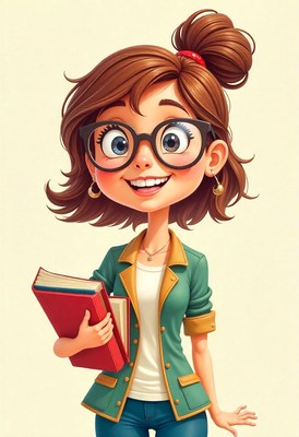 Cheerful female character holding books in a library