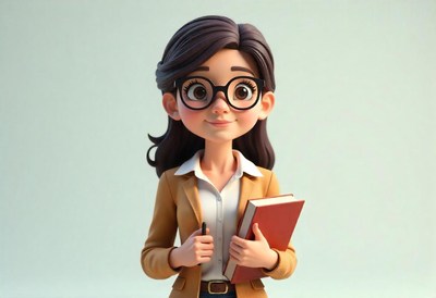 Character holding a book and pen in a friendly manner