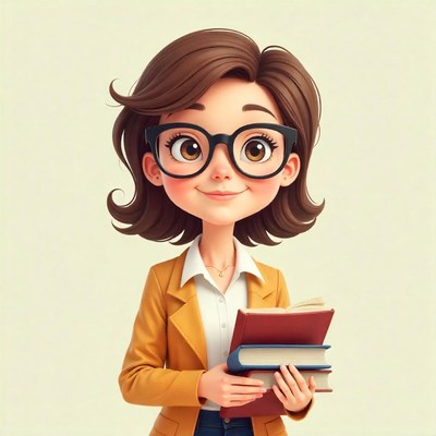 Cheerful woman holding books with glasses and brown hair