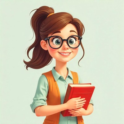 Young woman with glasses holding a red book smiling brightly