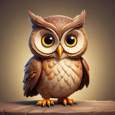 Cute cartoon owl standing on a stone perch with big eyes