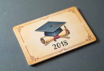 Graduation card featuring a cap and diploma from 2018