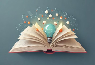 Open book with glowing light bulb and molecular art
