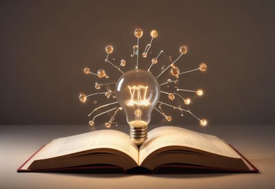 Creative light bulb idea over an open book