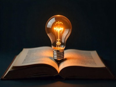 Light bulb shines brightly on an open book