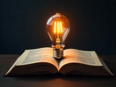 Light bulb illuminating open book on dark surface