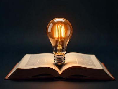 Bright idea illuminating a book on dark surface