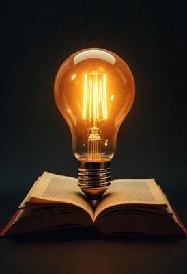 Light bulb symbolizes knowledge emanating from an open book