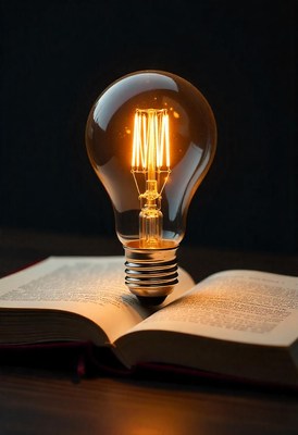 Light bulb shines above an open book on a dark table