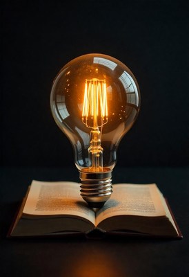 Light bulb atop an open book creates warm ambiance