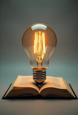 Creative light bulb resting on open book