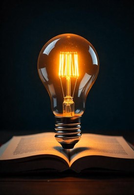 Light bulb glowing above an open book
