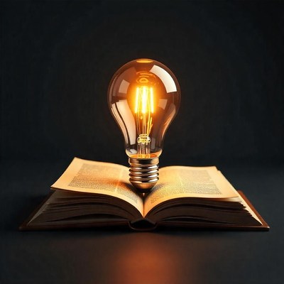 Light bulb illuminating an open book on dark background