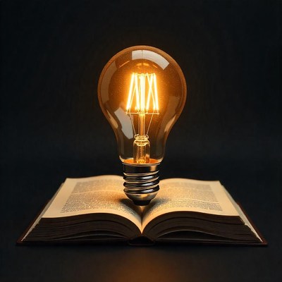 Light bulb glowing above an open book on a dark background